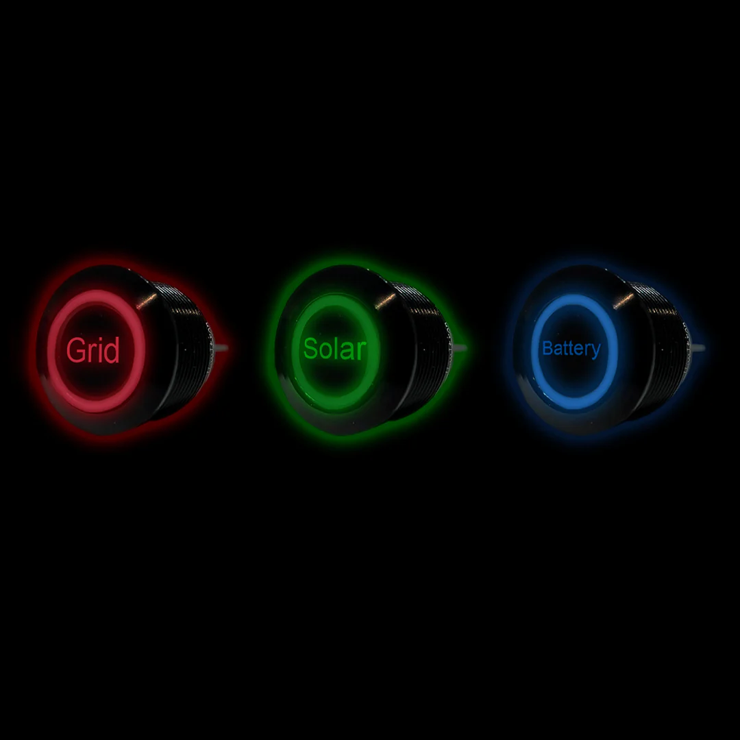 Pilot Lights 48V - 220V Trio Red, Green & Blue - Indicates Grid, Solar & Battery Online